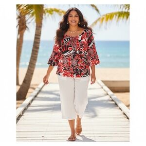 Vintage Kalaheo Hawaiian Floral Peasant Blouse 2XL Red Tropical Boho Chic Resort